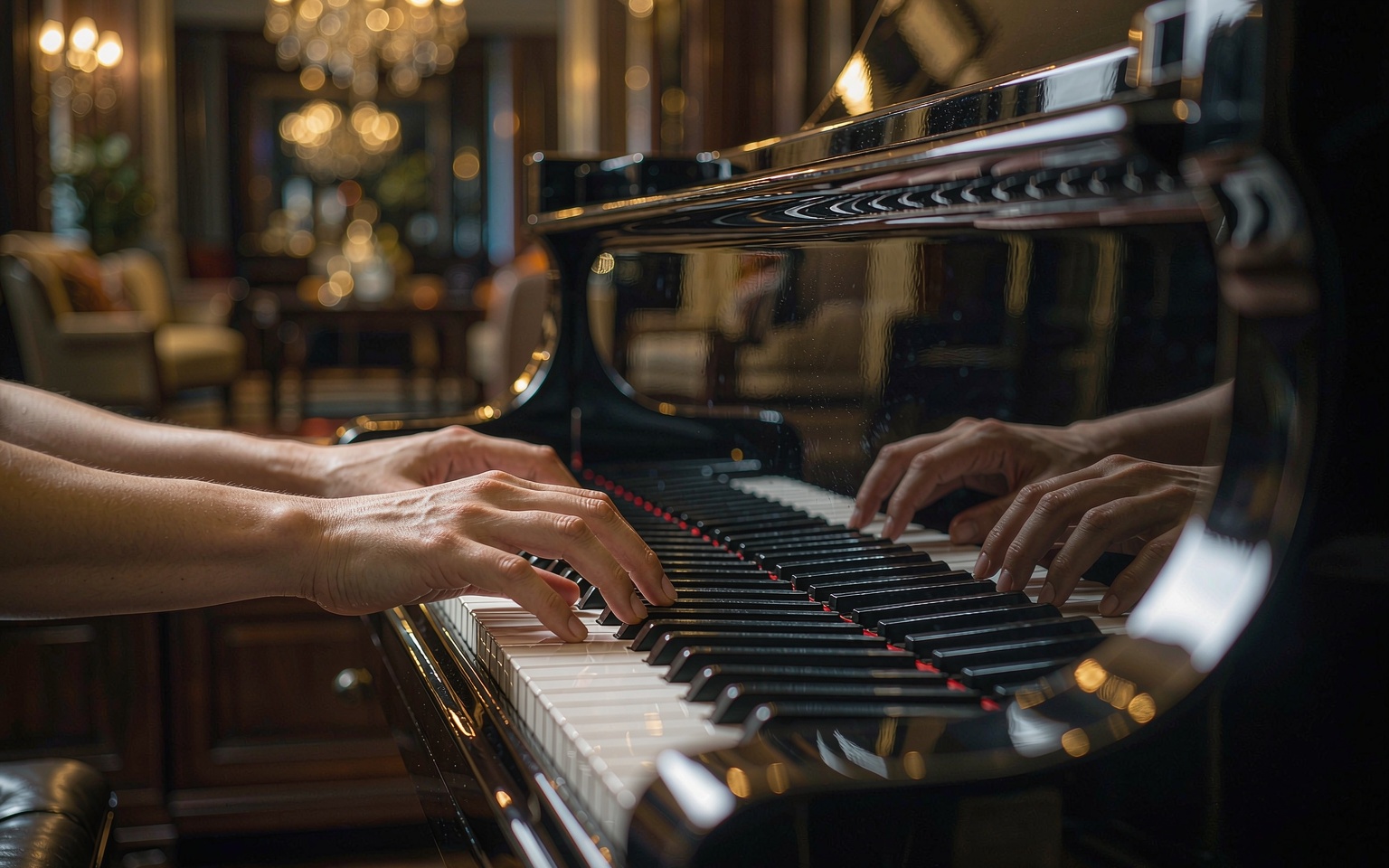 Hands playing a grand piano