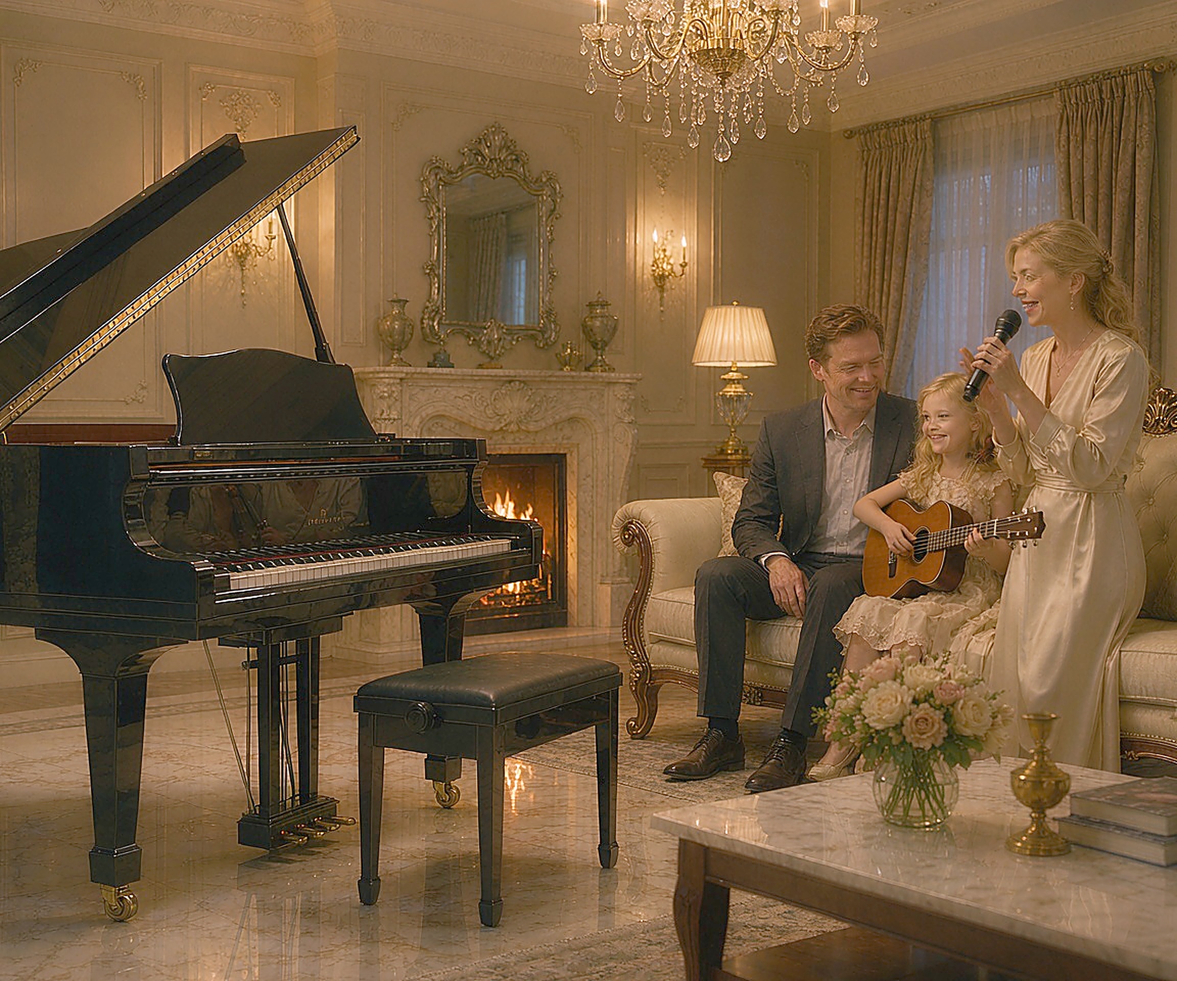 Family enjoying an auto-playing piano